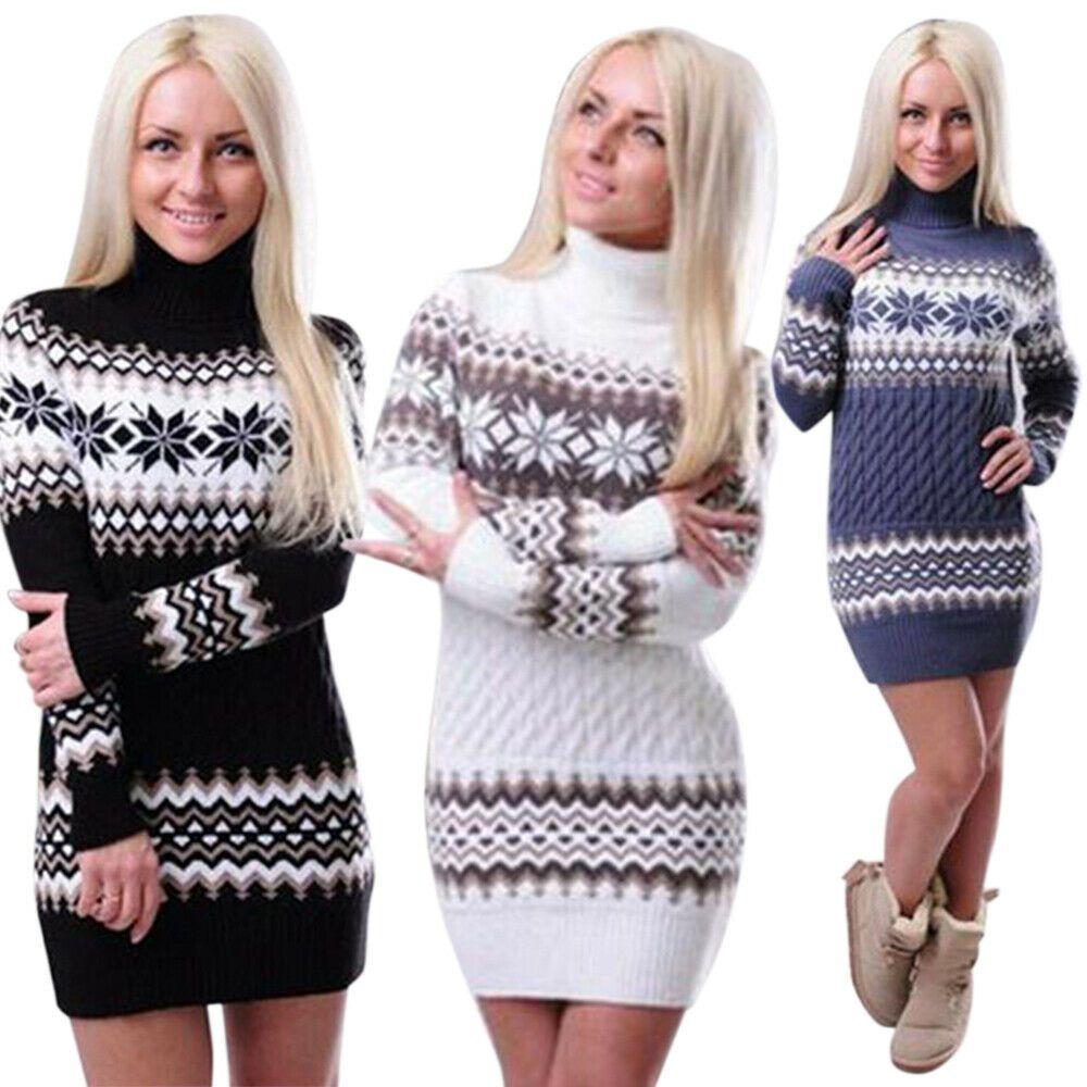 Elegant Christmas Woman Turtleneck Sweater Dress With Festive Snowflake Pattern