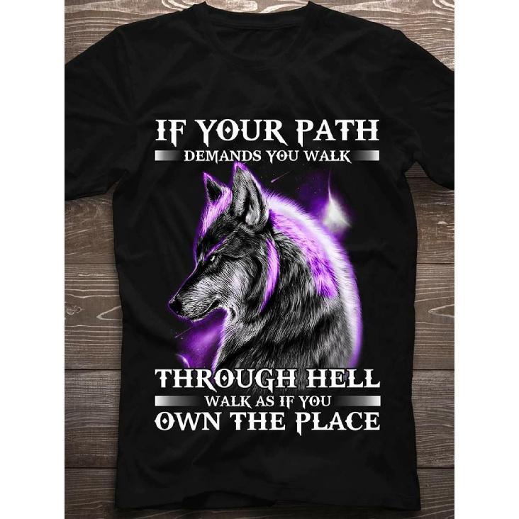 Men S Big & Tall 100% Wolf & Purple Aura Graphic T-Shirt If Your Path Demands You Walk Through Hell Motivational Text - Soft Breathable All-Season S чёрный