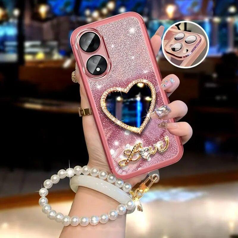 Luxusní perlové pouzdro na náramek pro OPPO A58 Realme 11 4G Reno11 7 10 Pro 7Z 8 Lite 5G A12 A5S Mirror Cover Lesklý třpytivý obal