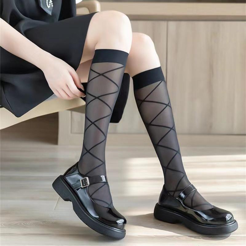 Criss Cross Pattern Calf Socks Dark Sheer All-match Knee High Socks Women's Stockings  Hosiery