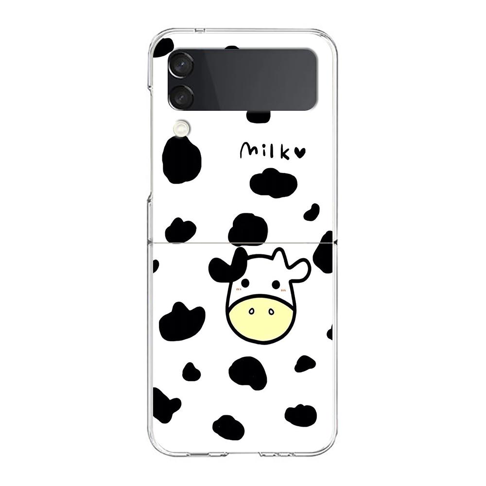 Transparent Phone Case For Samsung Galaxy Z Flip 3 4 5 6 7 Hard Folding PC Z Flip3 Flip4 Cover Dairy Cattle Cow Speckle Cute