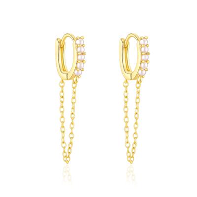 Dual Dangle Pearl Chain Huggie Hoop Earrings - 925 Sterling Silver Yellow Plated