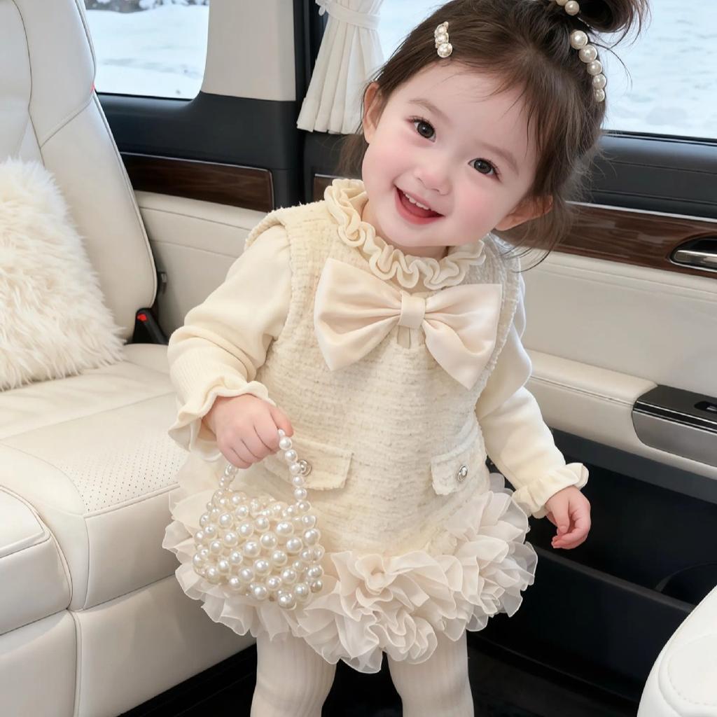 Little Girls Tweed Style Fleece Lined Princess Sleeveless Kids Party Dress