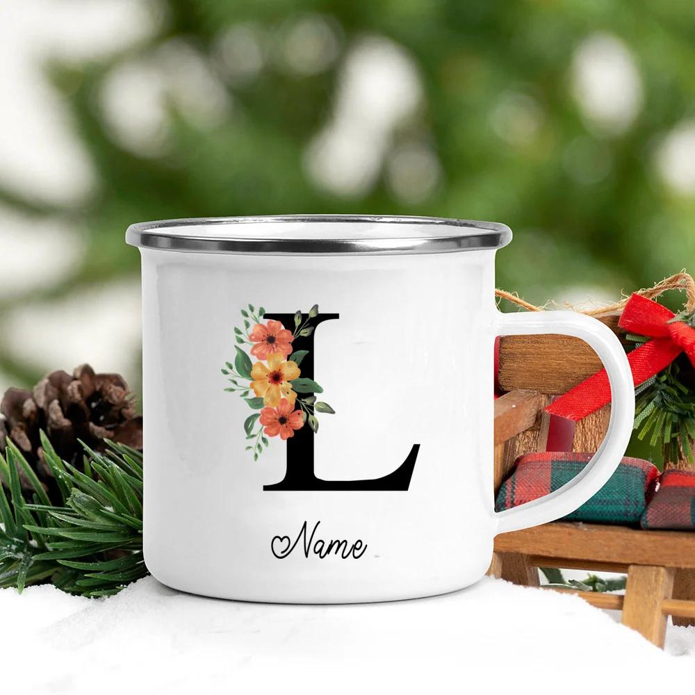Personalisierte Namens Emailletasse Benutzerdefinierte Blume Buchstabe Alphabet Tasse Camping Henkel Kaffee Tee Milch Tassen Festliche Geburtstagsgeschenke