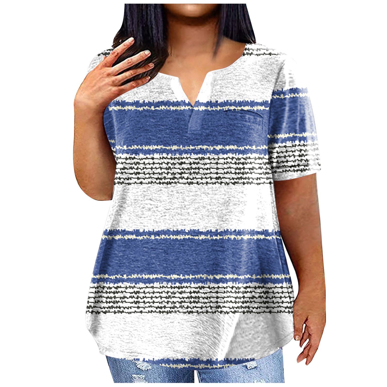 

Жіноча велика літня футболка з принтом у повсякденному стилі з V-подібним вирізом і короткими рукавами з кишенями XXXL синій