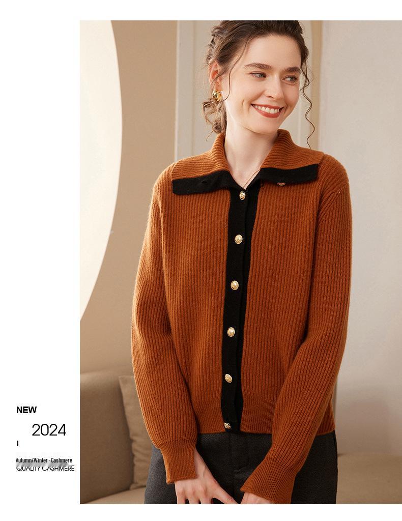 Women's Cashmere Knit Color-Block Polo Cardigan with Split Cuffs and Long Sleeves