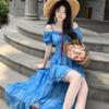French temperament seaside vacation dress children's summer new blue floral irregular design long dress