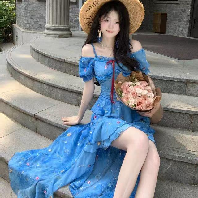 French temperament seaside vacation dress children's summer new blue floral irregular design long dress