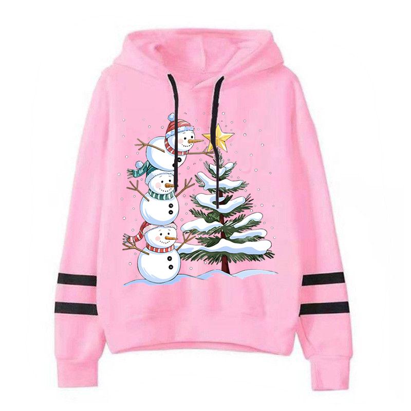 Women Cartoon Snowman Xmas Tree Graphics Sweatshirts Female Long Sleeve Drawstring Creative Hoody