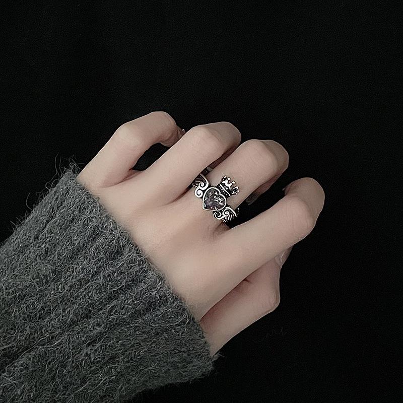 Niche Design Retro Personality Imitation Thai Silver Wings Crown Stacked Wearing High-End Punk Open Ring Woman