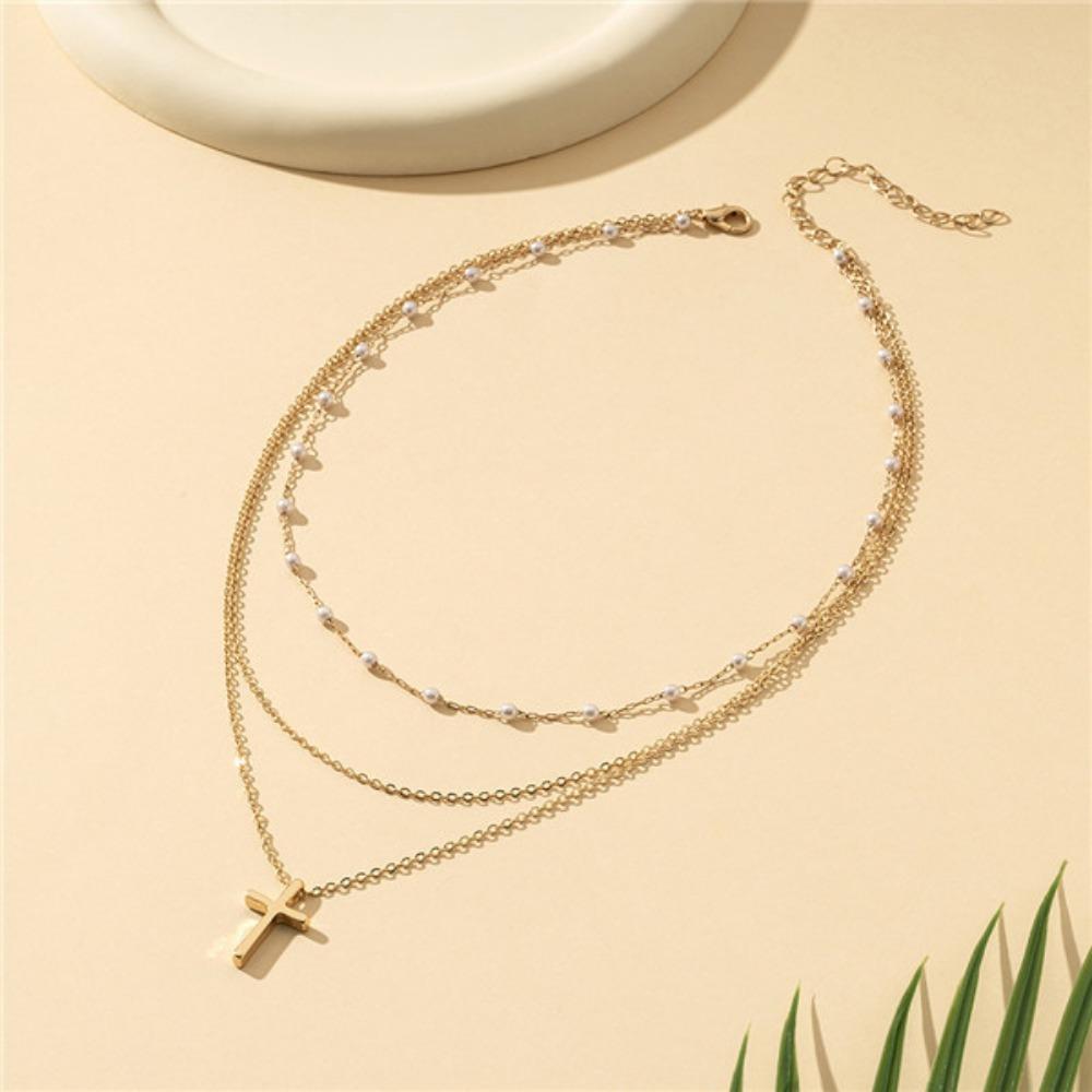 1 Three-layer Cross Pendant Necklace Pearl Decorative Alloy Material To Participate In The Banquet Light Luxury Light Luxury Style