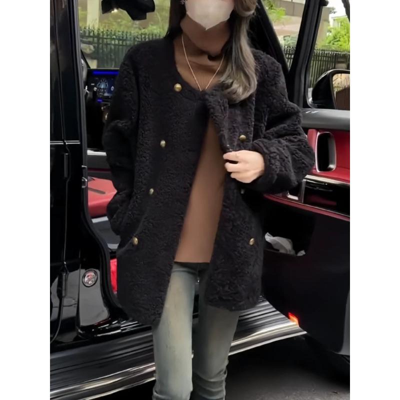 Winter Eleganter Tweed Pelzmantel Damen Locker Zweireihig Slim Fit Jacke Übergroß