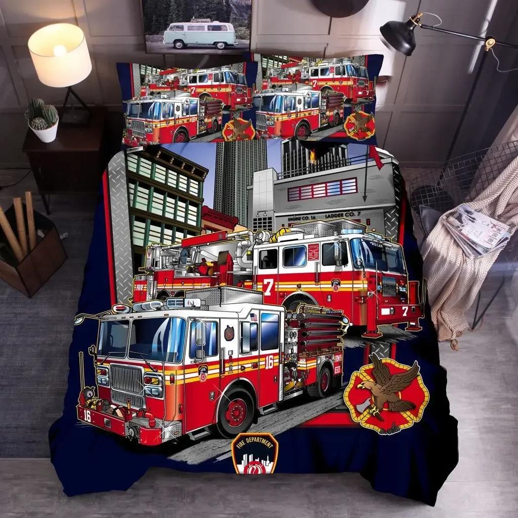 Camion dei Pompieri Rosso Auto dei Pompieri Copripiumino Confortevole Copricuscino Set Biancheria da Letto Decorazione Camera da Letto Bambini Tessile per la Casa