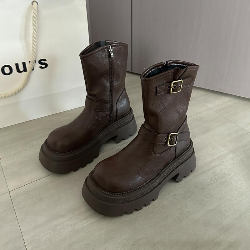 Autumn Winter Women Thick Heel Ankle Boots Fashion Belt Buckle Shoes Punk Style Ladies Height Increase Mordern Short Booties
