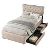 90*200 cm Flat Bed, Upholstered Bed, Nightstand Upholstery with Decorative Studs, Double Drawers, Dark Beige