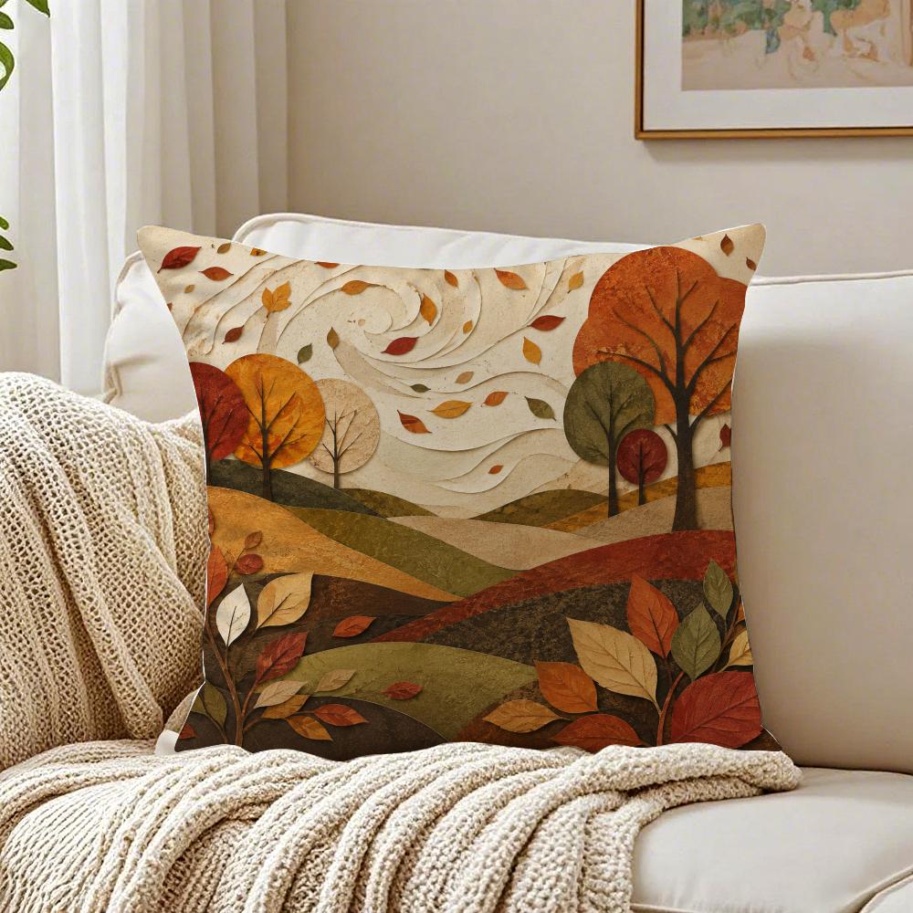 Cozy Autumn Tree And Leaves Cushion Cover Breathable Short Plush Pillow Covers Machine Washable Wrinkle-Resistant Soft Durable