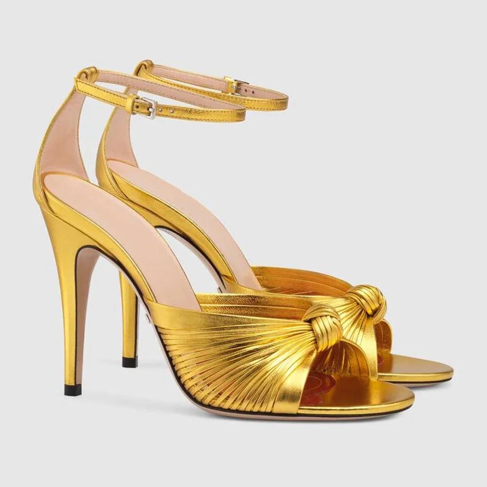 Gold Color Stiletto Heel Sandals Cross One Word Belt Round Toe Slingback Ankle Strap PU Sandals Women Party Large Size46