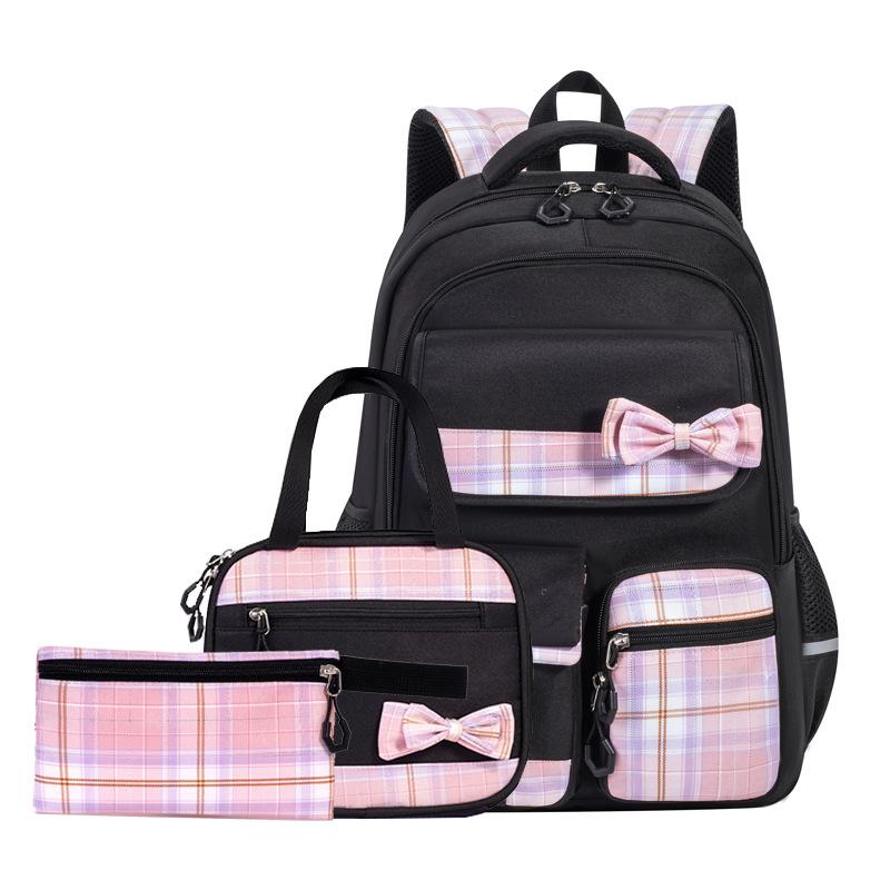 3pcs/set School Backpack for Girls Bookbag Elementary Middle School Bags Student Cute Plaid Backpack with Lunch Bag Pencil Bag