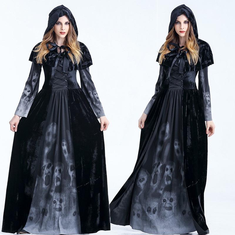 Vampire & Witch Halloween Costume: Skull Print Hooded Dress for Adults & Kids