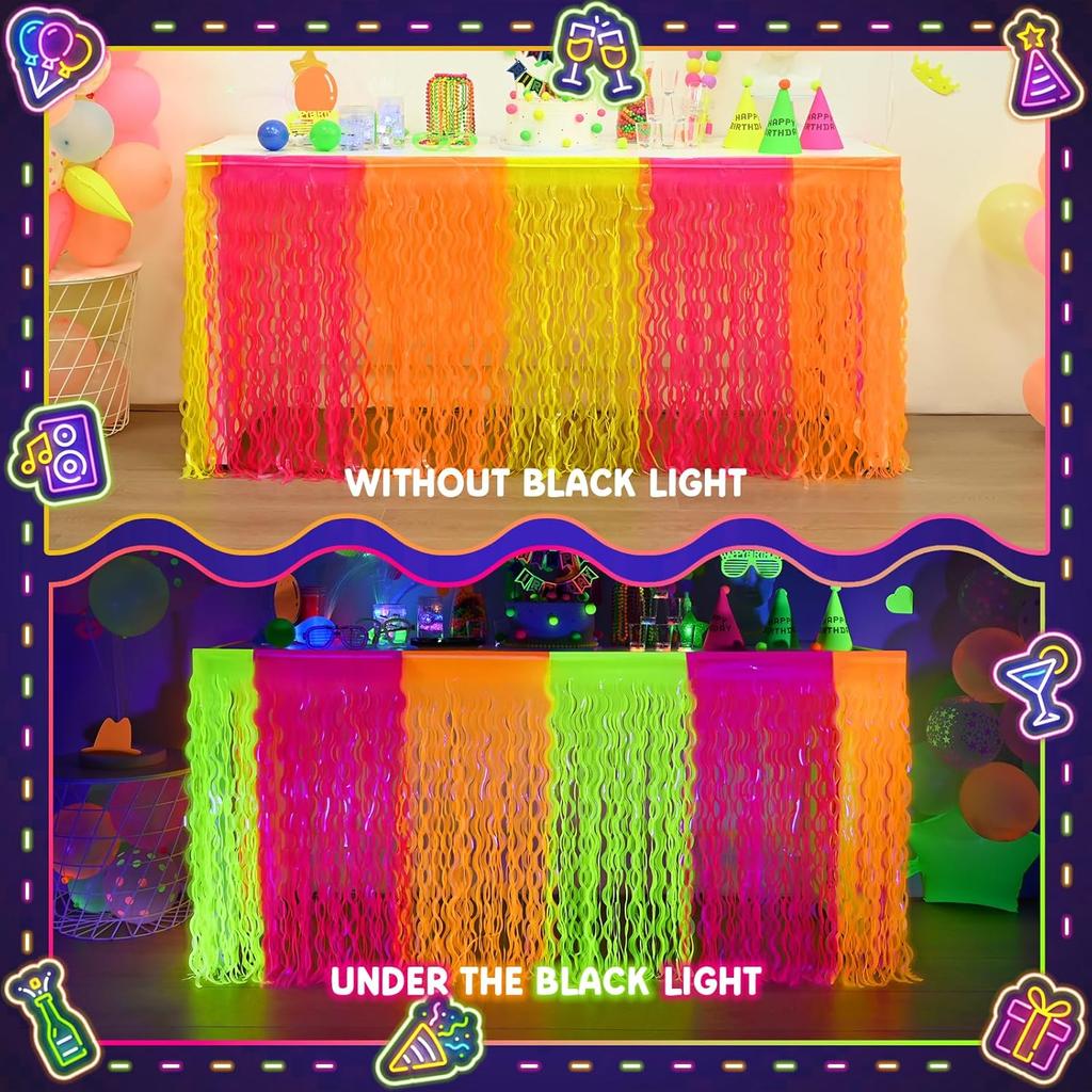 Mega-L Glow in The Dark Party Supplies, 2 Pack Neon Party Decorations Fluorescent Macaron Orange, Yellow and Fuchsia Wavy Metallic Tel Foil Fringe