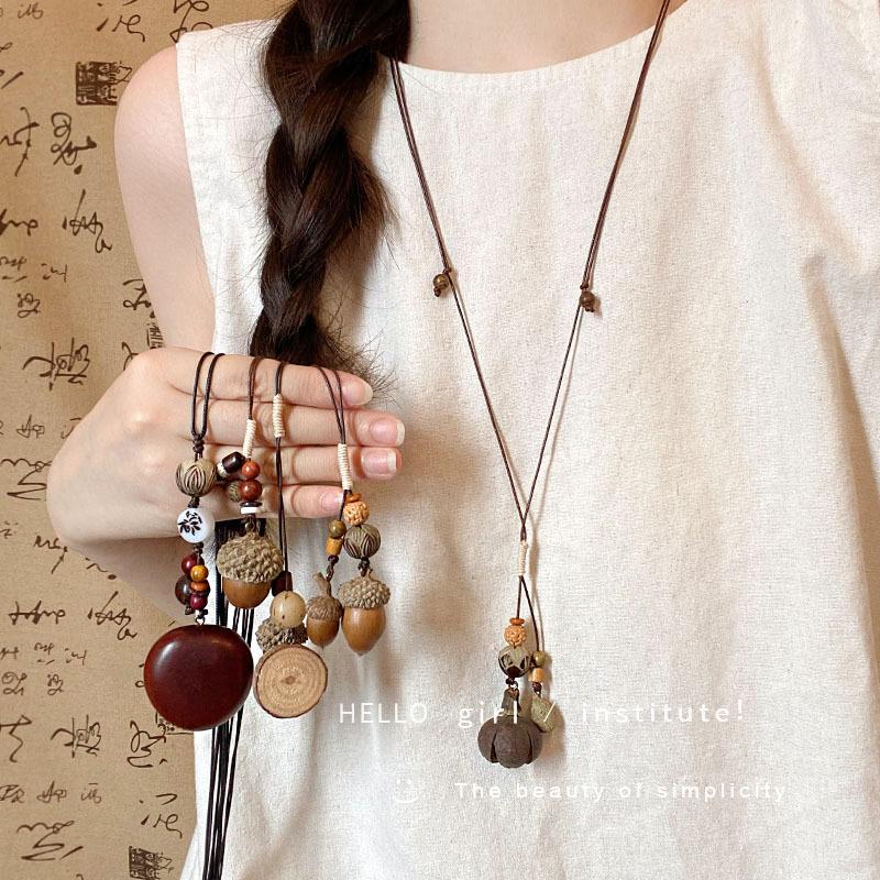 New Chinese style long acorn pendant necklace female retro ethnic style zen wooden sweater chain hanging neck