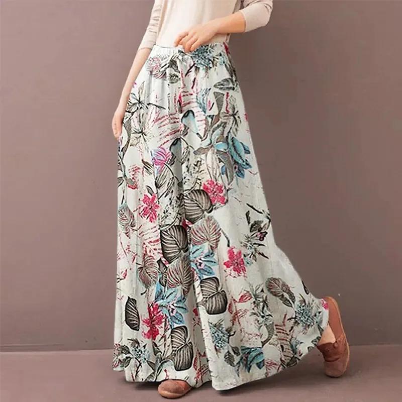 Floral Print Wide Leg Women Pants Spring Drawstring Bohemia Trousers Lady Casual Loose Elastic Waist Pantalonsw