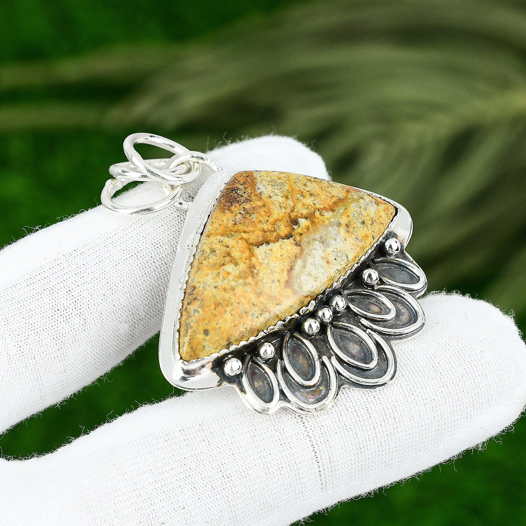 

925 Silver Trillion Natural Picture Jasper Mother Bezel Engagement Boho Pendant