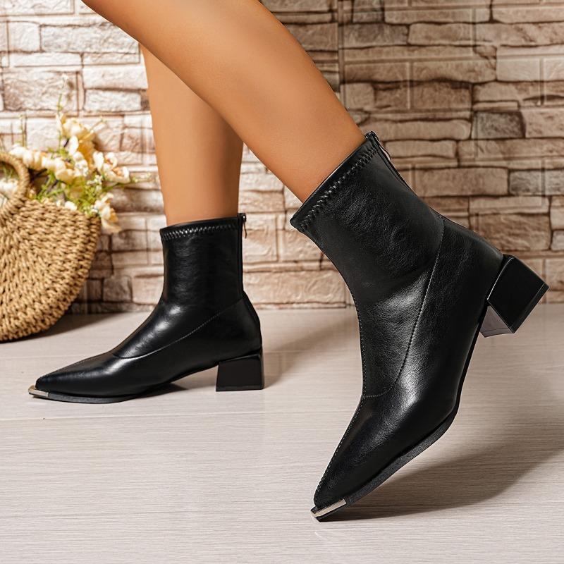 Brand Pu Black Ankle Boots 2025 Autumn French Retro Pointed Toe High Heel Chelsea Boots Metal Decoration Designer Short Booties