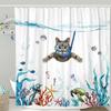 Funny Cat Shower Curtain Cool Cat Riding Shark Seagull On Ocean Sea Blue Waves Kids Creative Design Bathroom Curtain Polyester