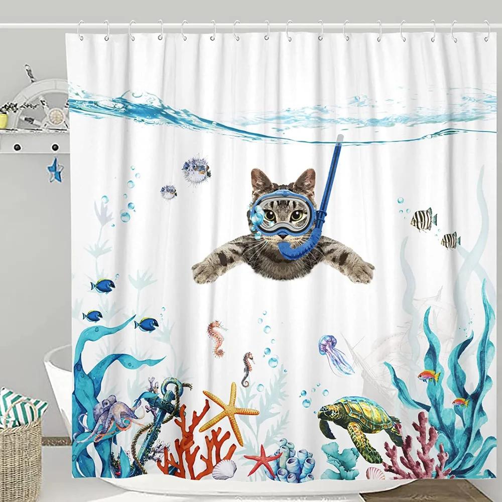 Funny Cat Shower Curtain Cool Cat Riding Shark Seagull On Ocean Sea Blue Waves Kids Creative Design Bathroom Curtain Polyester