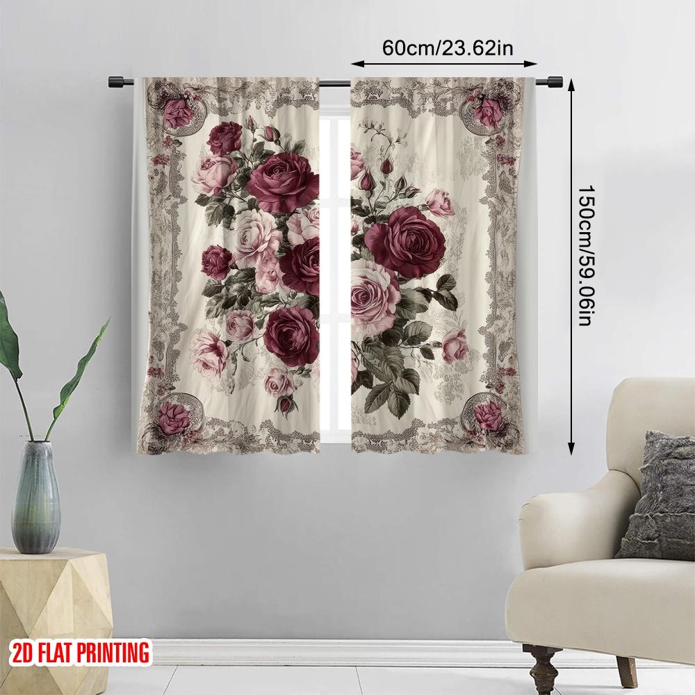2D flat printing 2pcs Party Window Curtains Floral Rose Versatile Fabric  Without Electricity Holiday Decorations Applies to room