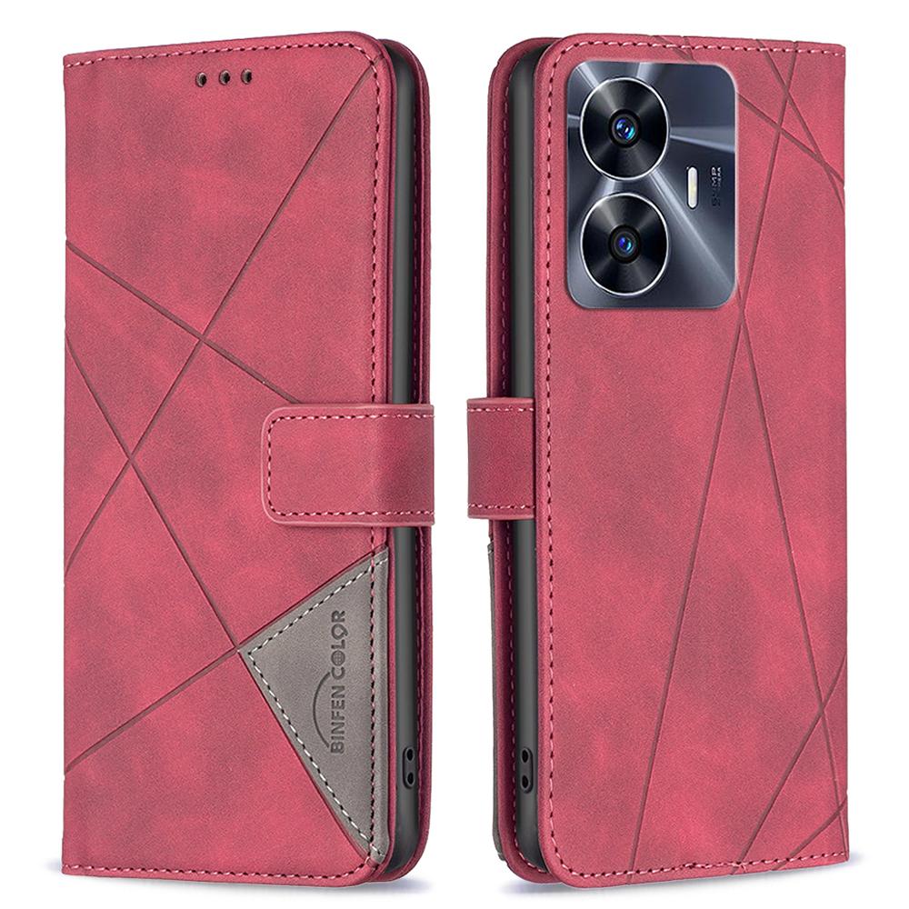 

BINFEN COLOR For Realme C55 Phone Cases Wallet Stand Geometry Imprinted Leather Cover Red