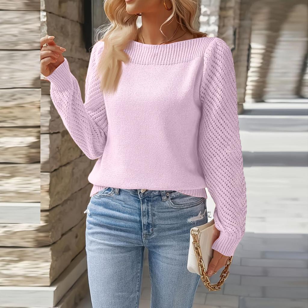Women's Fashionable Casual Openwork Long-Sleeved Off-the-Shoulder Pullover Knit Top