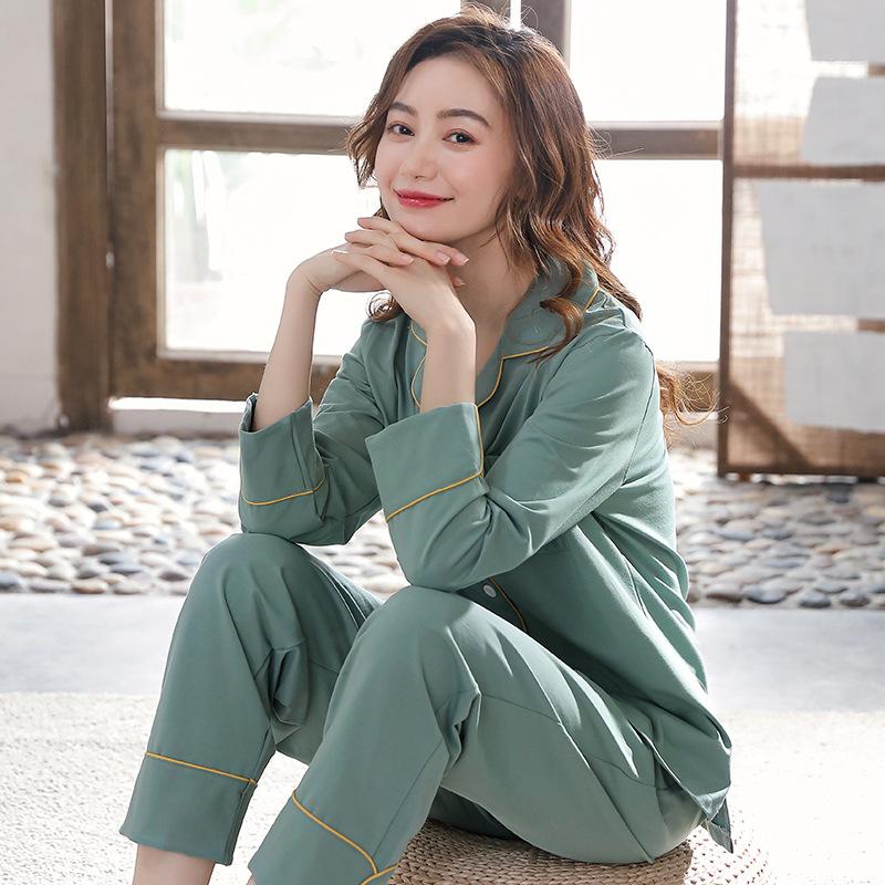 Autumn And Winter Pajamas Women'S Pure Cotton Long-Sleeved Lapel Loungewear Cotton Autumn Large Size Loose Set