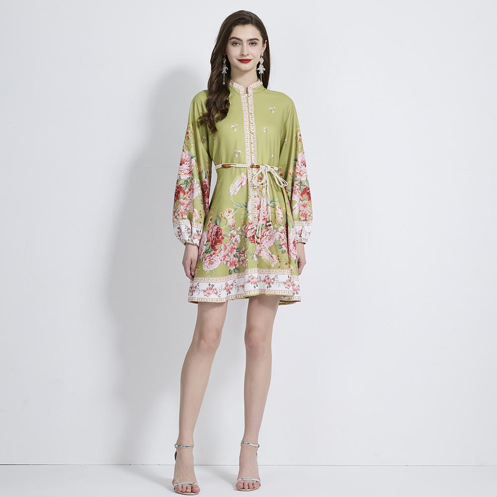 Spring Autumn Women Vintage Print Single Breasted Lantern Sleeve Mini Short Holiday Beach Dresses With Belt