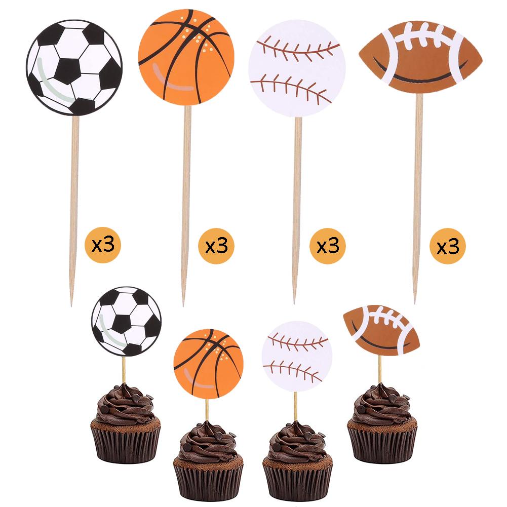 Sport Theme Cake Toppers Football Baseball Basketball Soccer Boy Party Cupcake Toppers Picks For Birthday Party Cake Decor 12PCs
