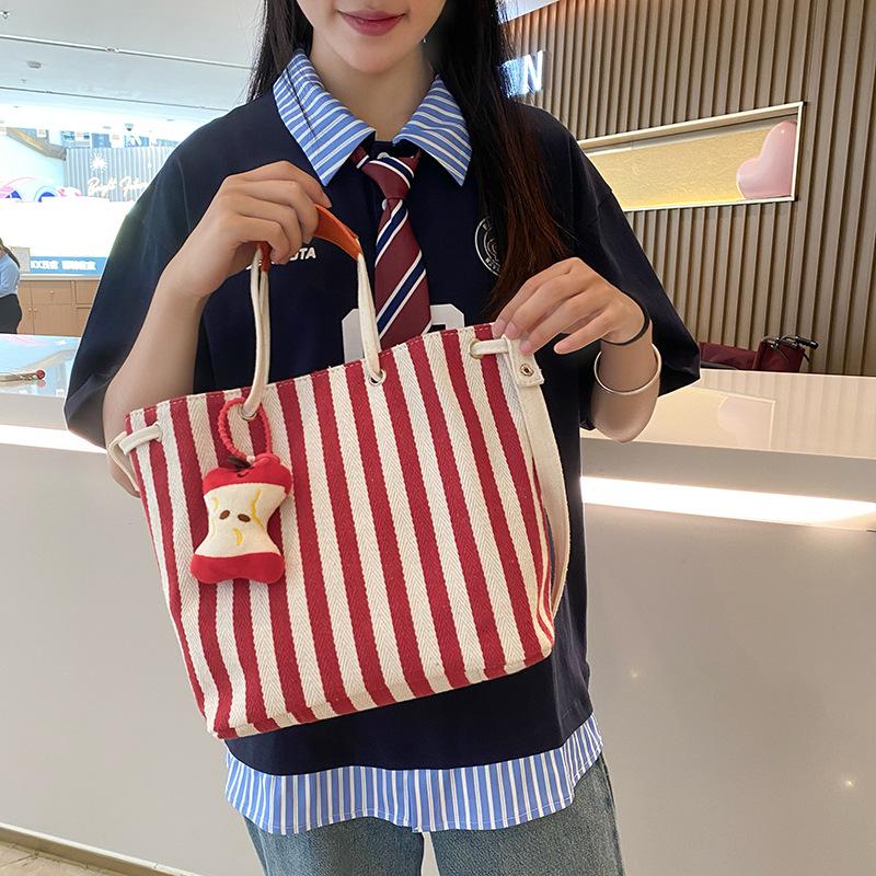 Korean version of retro literary handbag simple small fresh striped shoulder bag casual fashion large capacity shopping bag bag