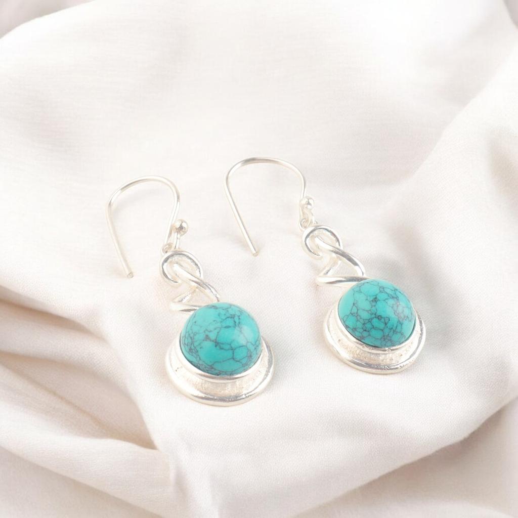 Genuine Blue Turquoise 925 Sterling Silver Drop & Dangle Hook Earrings 1.67" CE-14-27