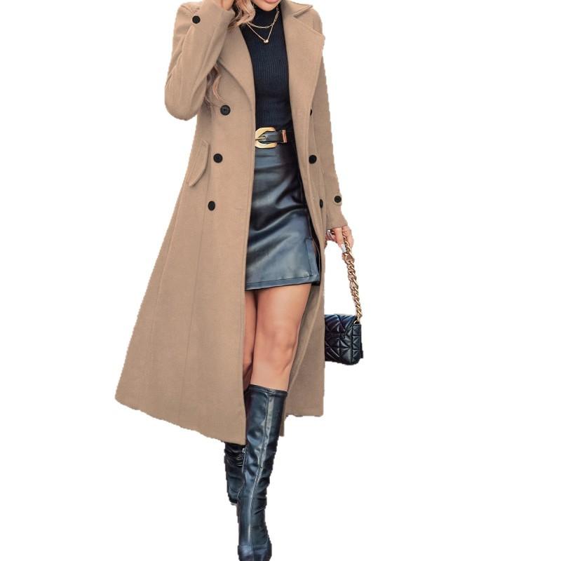 Womens Wool Blend Double-Breasted Long Coat Winter Warm Outerwear Slim Fit Business Chic