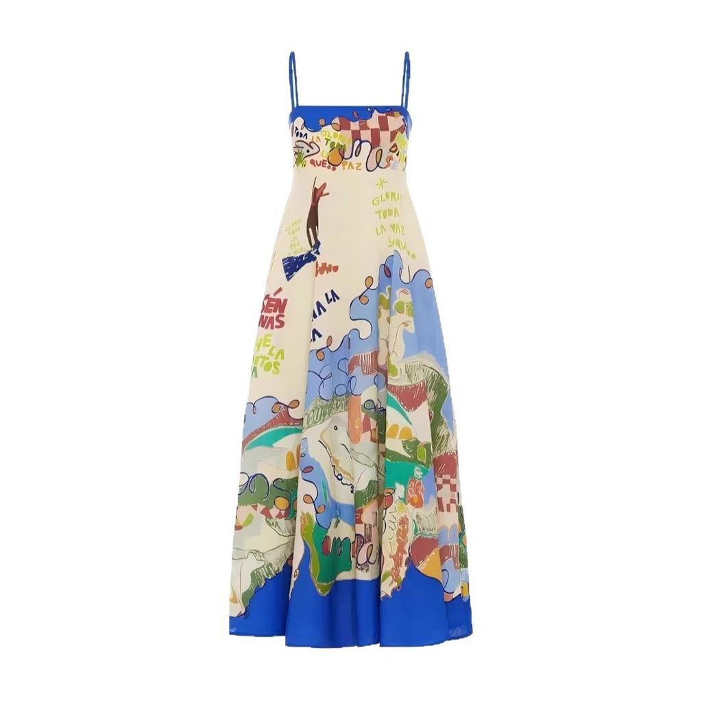 2026 new European and American express independent station sexy suspender graffiti linen pendulum dress