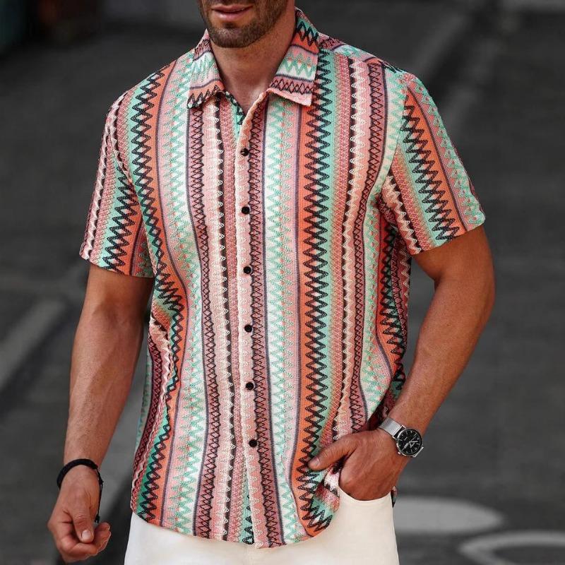 Men Short Sleeve Geometric Aztec Print Button Down Shirt Casual Summer Beach Shirt M