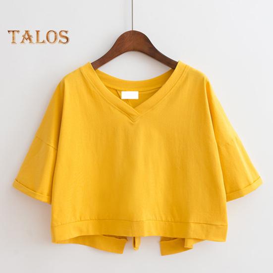 Letnia krótka koszulka z dekoltem w kształcie litery V z krótkim rękawem z wycięciem na plecach sznurowana koszulka jednokolorowa luźny krój pulowerowe topy Streetwear