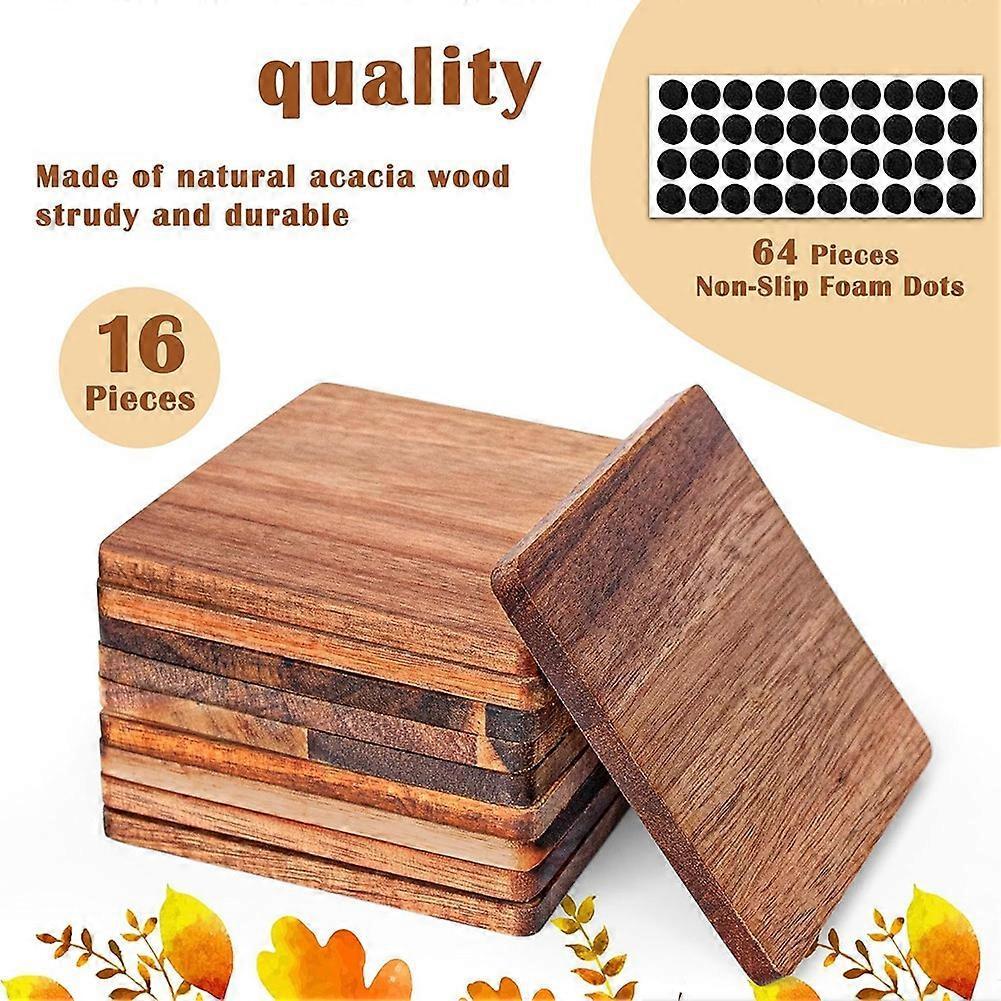 16 Pieces Unfinished Wood Coasters, 4 Inch Square -Wooden Coasters for Crafts with Non-Slip Silicon Dots