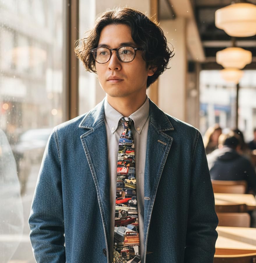 [HANG OVER] Necktie, Car, Classic Car, Vintage Car Pattern, Silk Touch Polyester, 8cm Wide, All-over Print, Motorsport Style, Men's Gift, Tie2602-05