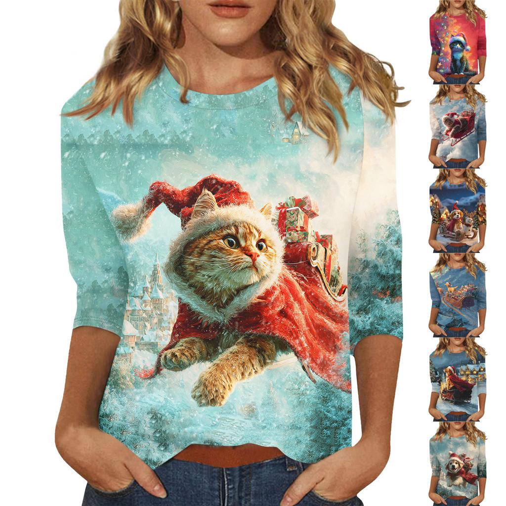 3/4 Sleeve Shirts For Women Print Christmas Tees Blouses Casual Plus Size Basic Tops Pullover