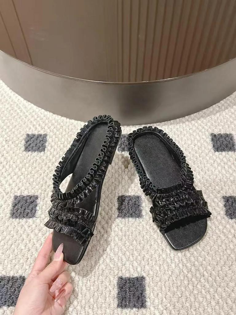 Fashion Summer Pleated Real Leather Open Toe Slippers Women Lazy Flat Sandals Outdoor Leisure Vacation Shoes Daily Versatile Single Shoe