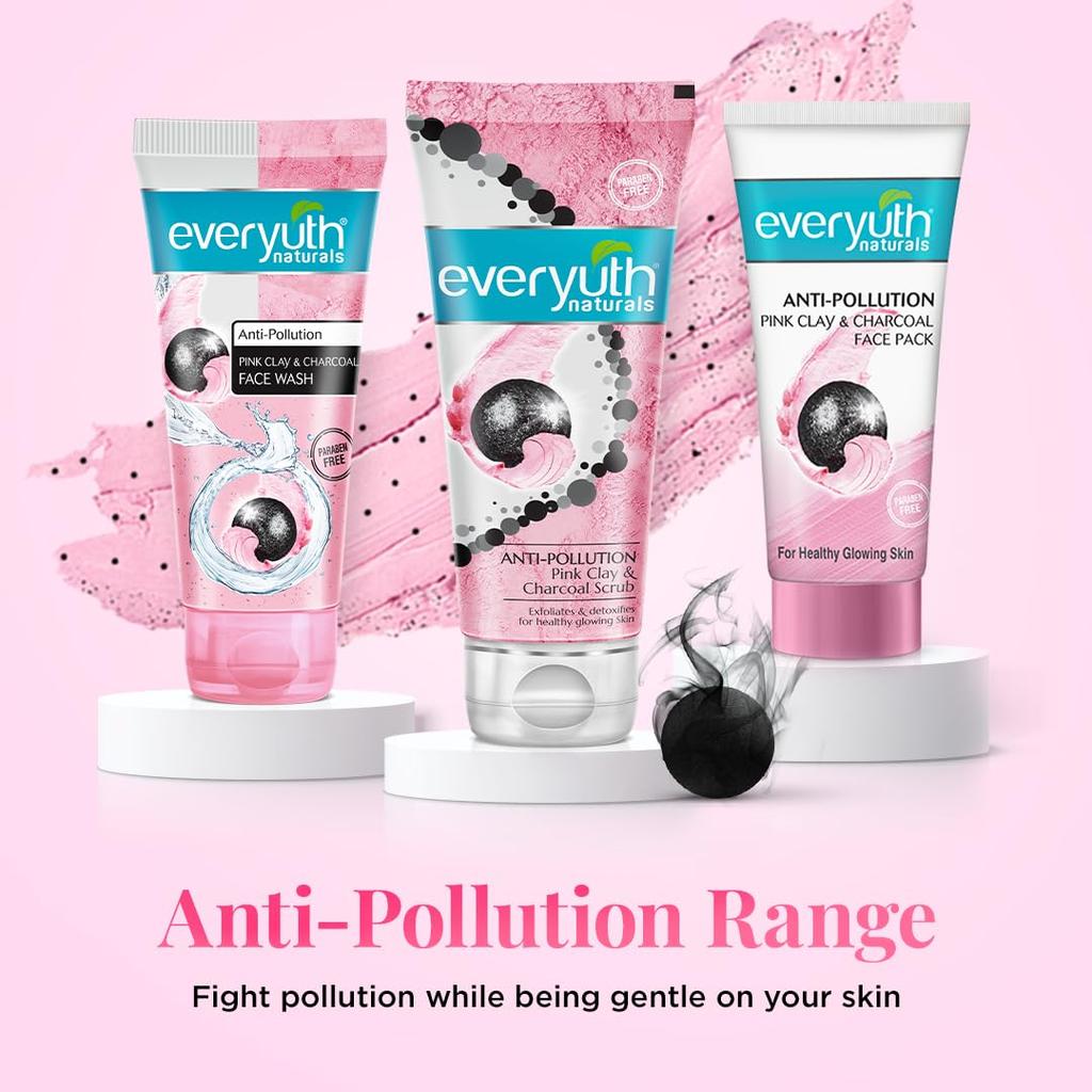 Everyuth Naturals Anti Pollution Pink Clay Charcoal Face Scrub 100g Gentle Exfoliating Cleanser for Healthy Glowing Skin