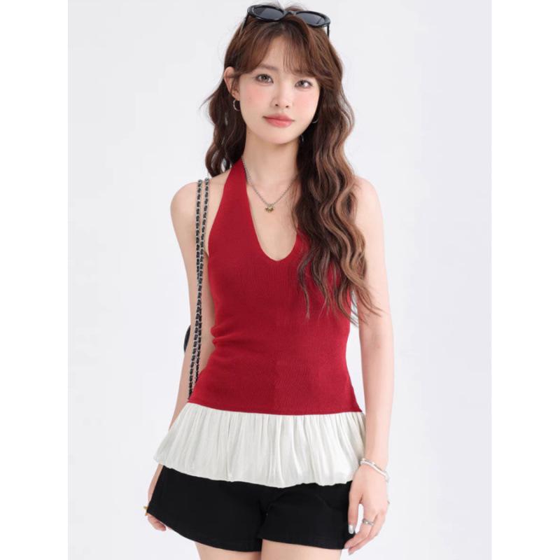 

Сладкий и пряный топ-халтер: Летний вязаный топ с открытой спиной, стройнящий, подчеркивающий фигуру One Size красный