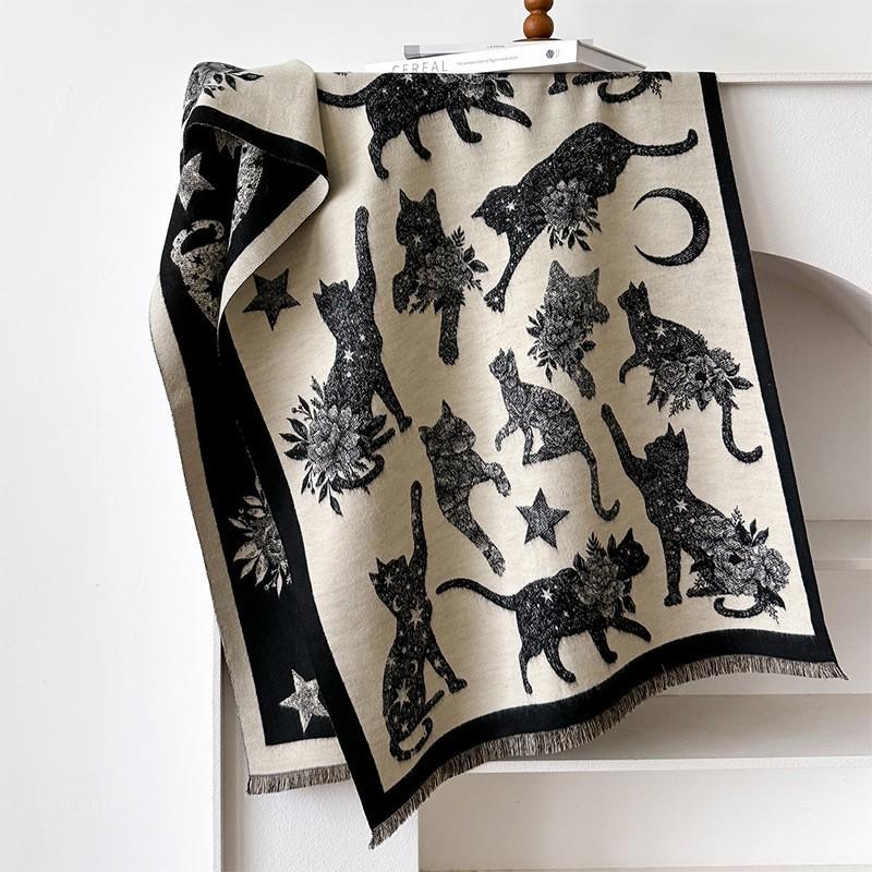 Autumn And Winter, Japan And Korea, Cat Silhouette Printing, Natural Starry Sky Mystery, Double-Sided Women'S Imitation Cashmere Thermal Scarf