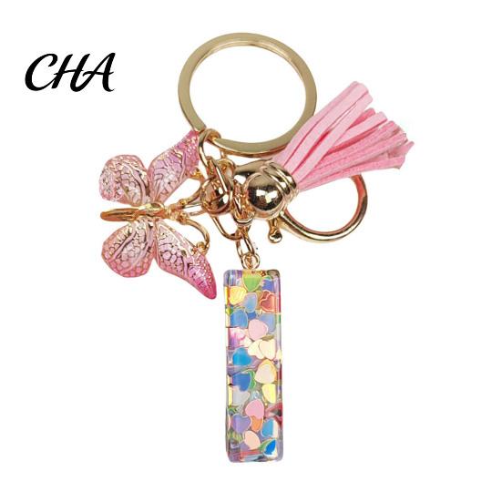 Compact Keychain Pink Series Pendant, Sequins Heart Initial Letter Charm Key Chain with Versatile Butterfly Tassel Design, A-Z Holder for Bag